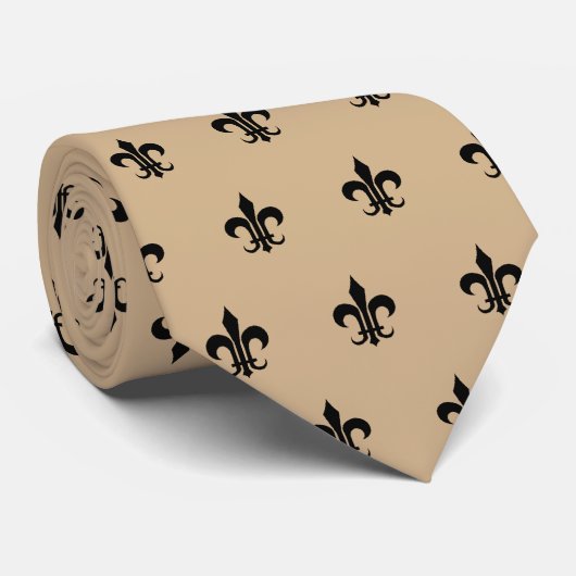 Klassieke Fleur De Lis, zwart op Tan Necktie Stropdas (Opgerold)