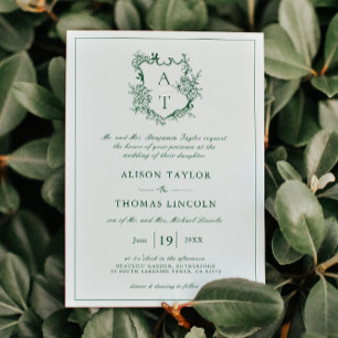 Klassieke Floral Crest Emerald Green Wedding Kaart