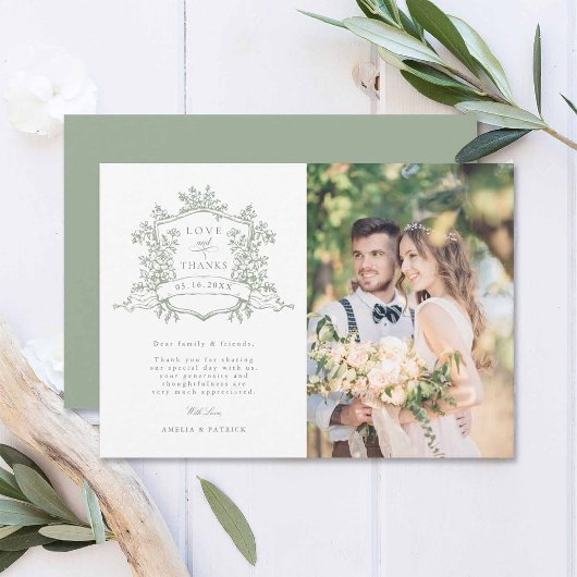 Klassieke Floral Crest Sage Green Wedding Foto Bedankkaart