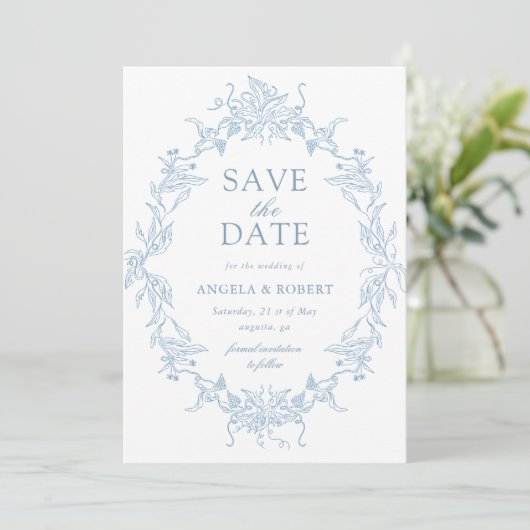 Klassieke Floral Crest Save the Date Fotokaart (Staand voorkant)