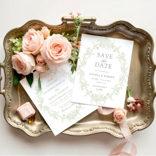 Klassieke Floral Crest Save the Date Fotokaart