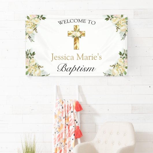 Klassieke Floral Gold Cross Baptisme Welkom Spandoek (Insitu)