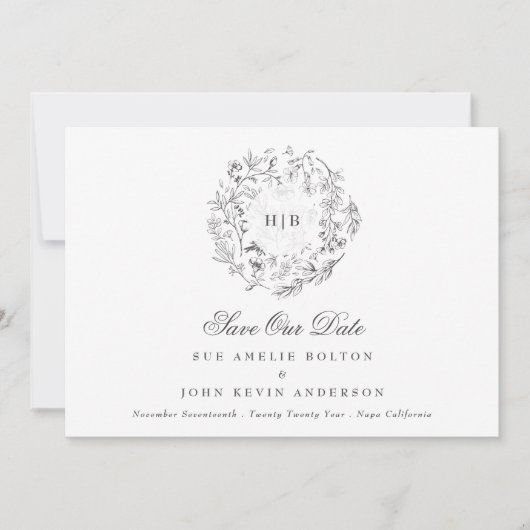 Klassieke Floral krans Monogram bruiloft foto Save The Date (Voorkant)