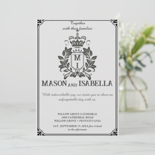 Klassieke Floral Monogram Crest bruiloft uitnodigi Kaart (Staand voorkant)