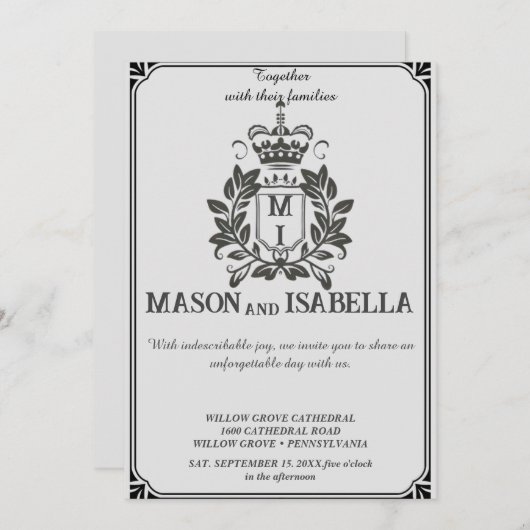 Klassieke Floral Monogram Crest bruiloft uitnodigi Kaart (Voorkant / Achterkant)