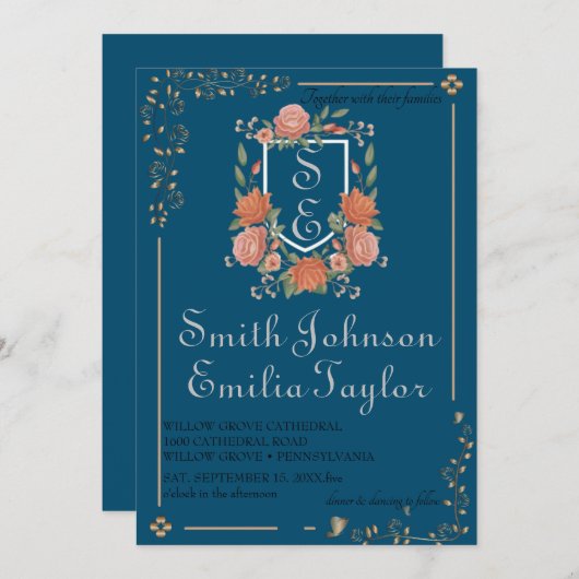 Klassieke Floral Monogram Crest bruiloft uitnodigi Kaart (Voorkant / Achterkant)