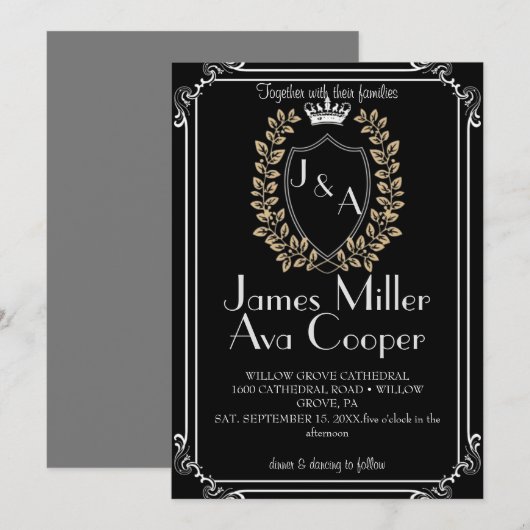 Klassieke Floral Monogram Crest bruiloft uitnodigi Kaart (Voorkant / Achterkant)