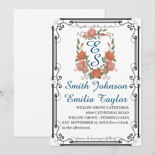 Klassieke Floral Monogram Crest bruiloft uitnodigi Kaart (Voorkant / Achterkant)