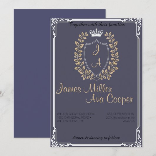 Klassieke Floral Monogram Crest bruiloft uitnodigi Kaart (Voorkant / Achterkant)