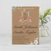 Klassieke Floral Monogram Crest bruiloft uitnodigi Kaart (Staand voorkant)