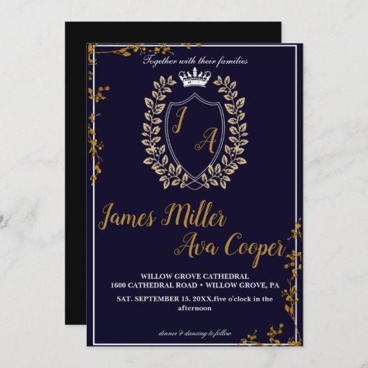 Klassieke Floral Monogram Crest bruiloft uitnodigi Kaart (Voorkant / Achterkant)