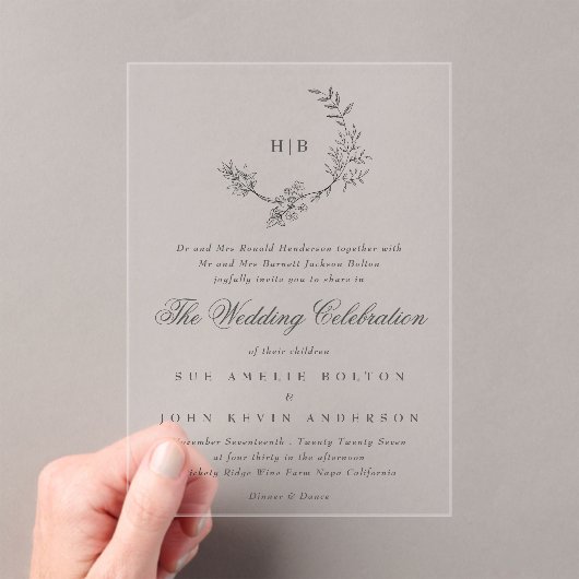 Klassieke Floral Wreath Monogram Weddenschap Acryl Uitnodigingen (Insitu (Draagbaar))