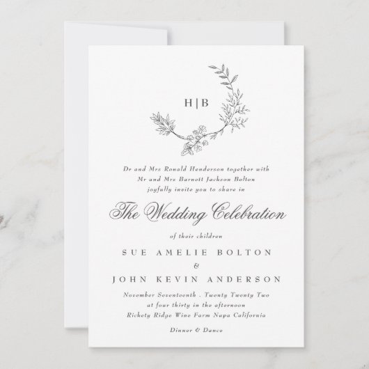 Klassieke Floral Wreath Monogram Weddenschap Kaart (Voorkant)