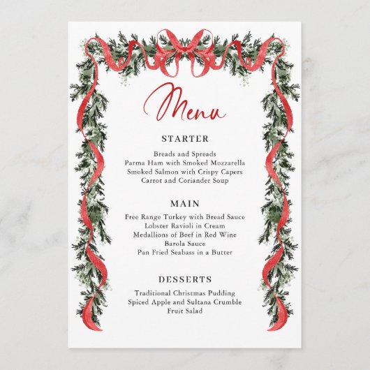 Klassieke Fluwelen Rode Strik Lint Kerstfeest Menu (Voorkant)