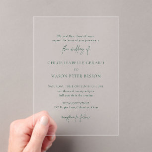 Klassieke Forest Green Elegant Wedding Acryl Uitnodigingen