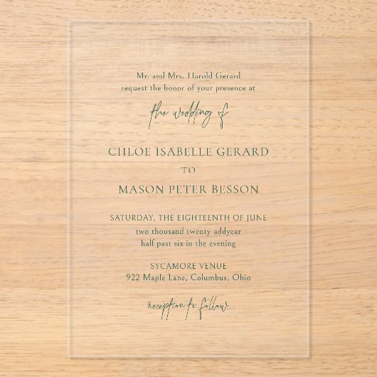 Klassieke Forest Green Elegant Wedding Acryl Uitnodigingen (Voorkant)