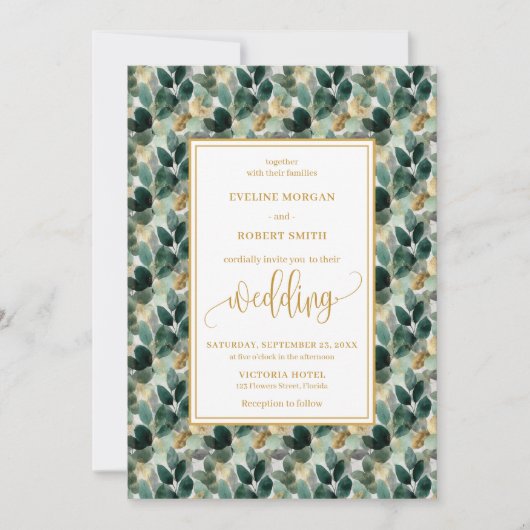 Klassieke Forest Green Gold Foliage Wedding Uitnod Kaart (Voorkant)