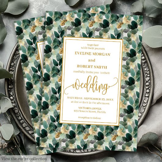 Klassieke Forest Green Gold Foliage Wedding Uitnod Kaart