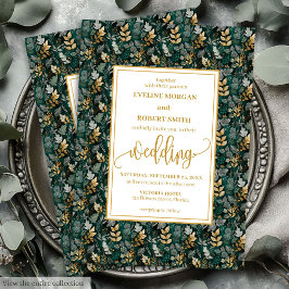 Klassieke Forest Green Gold Foliage Wedding Uitnod Kaart