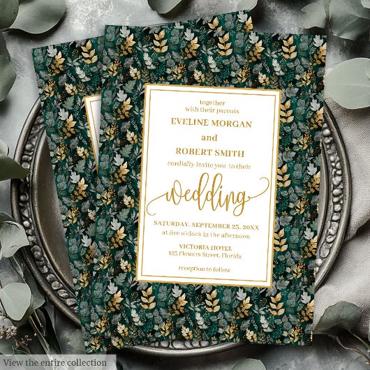 Klassieke Forest Green Gold Foliage Wedding Uitnod Kaart
