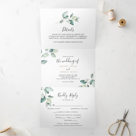 Klassieke formale groene bladeren met drievoudig h drieluik uitnodiging (Binnen)