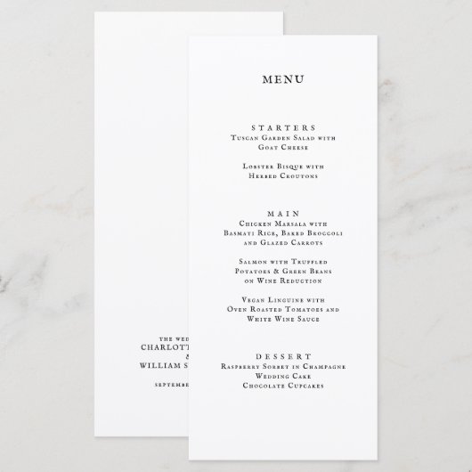 Klassieke formale zwarte witte bruiloft menu (Voorkant / Achterkant)