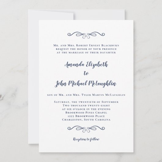 Klassieke formele elegant White Navy Blue Wedding Kaart (Voorkant)