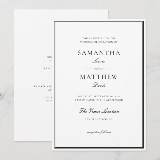 Klassieke formele grensminimalistische bruiloft kaart (Voorkant / Achterkant)