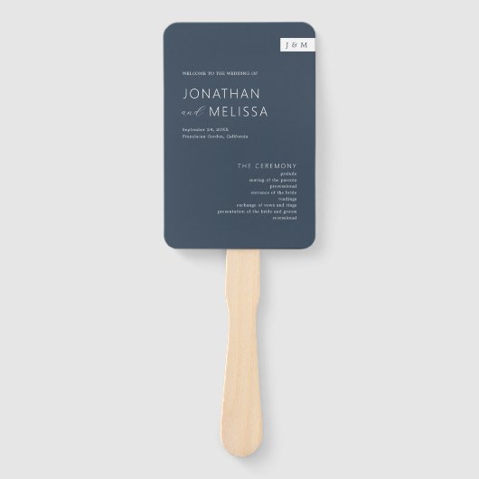 Klassieke Formele Marine Blauw Monogram Huwelijksp Handwaaier (Voorkant)