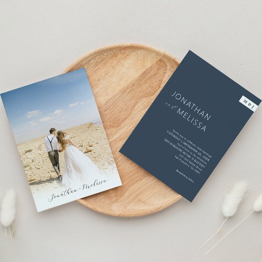 Klassieke Formele Marine Blauw Monogram Script Bru Kaart