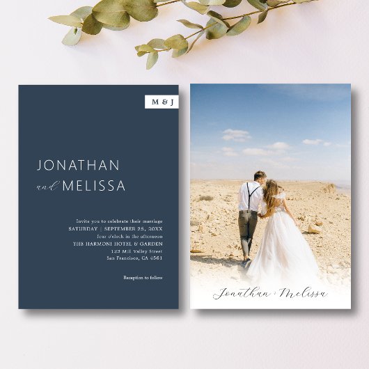 Klassieke Formele Marine Blauw Monogram Script Bru Kaart