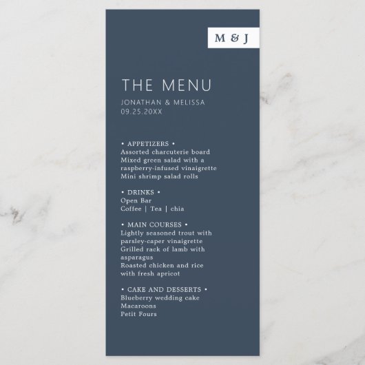 Klassieke Formele Marine Blauw & Wit Monogram Brui Menu (Voorkant)