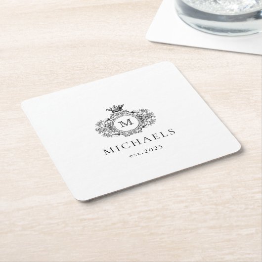 Klassieke Formele Monogram Crest Zwart-wit Kartonnen Onderzetters (Schuin)