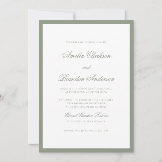 Klassieke formele Sage Green Border & Script Weddi Kaart (Voorkant)