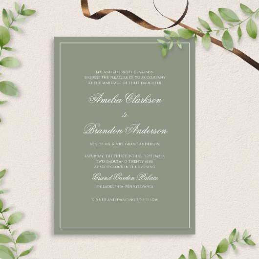 Klassieke formele Sage Green Border Script Wedding Kaart