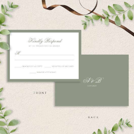 Klassieke formele Sage Green Border Script Wedding RSVP Kaartje