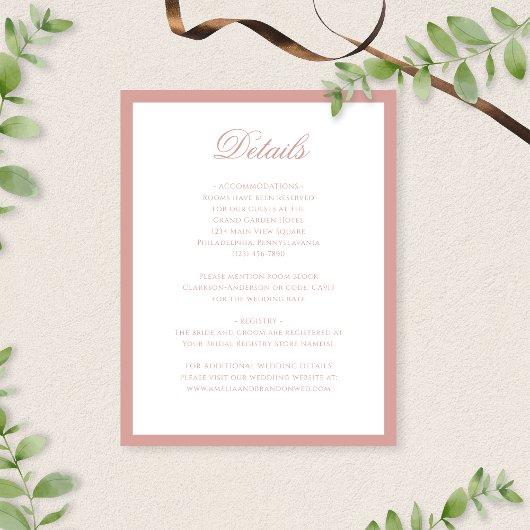 Klassieke Formele Stof Rose Script Trouwdetails Informatiekaartje