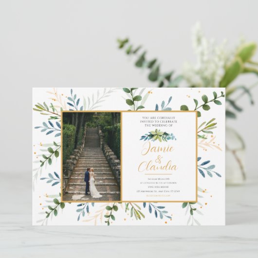 Klassieke formele trouwuitnodigingen eucalyptus kaart (Staand voorkant)