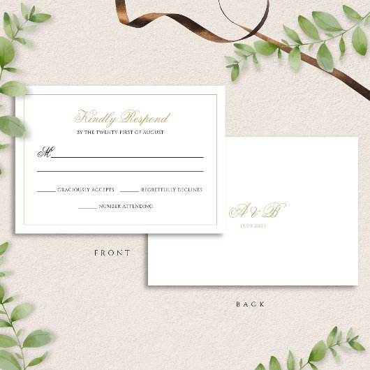 Klassieke Formele Zwart & Goud Border Script Weddi RSVP Kaartje