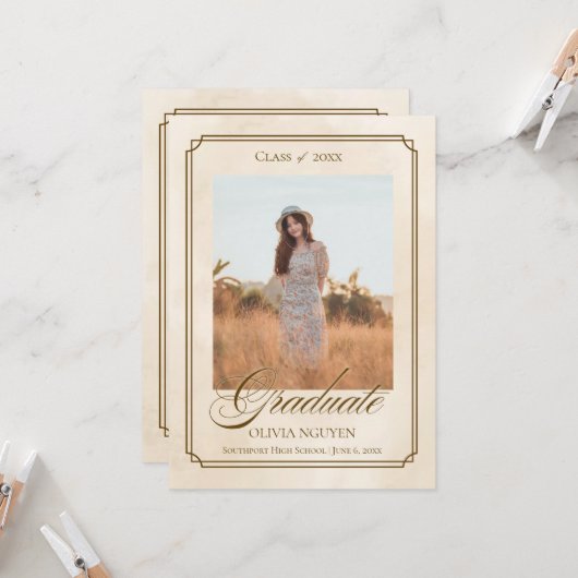 Klassieke foto afstudeeraankondiging uitnodiging (Voorkant / Achterkant in situ)