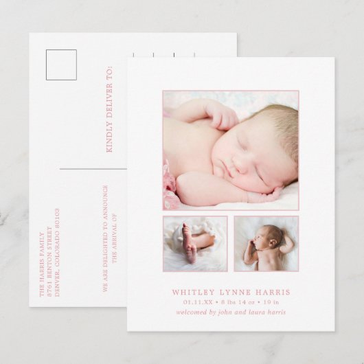 Klassieke foto Collage Pink Baby Girl Birth Aankondigingskaart (Voorkant / Achterkant)