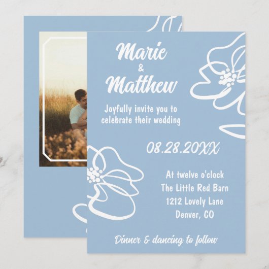 Klassieke Foto Frans Blauw Bloemen Huwelijksuitnod Kaart (Voorkant / Achterkant)