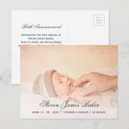 Klassieke Foto Pasgeboren Baby Hand van Vader Aankondigingskaart (Voorkant / Achterkant)