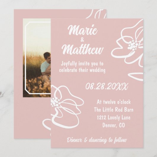 Klassieke Foto Roze Blush Bloemen Huwelijksuitnodi Kaart (Voorkant / Achterkant)