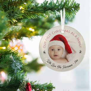 Klassieke foto van onze eerste kerst als gezin glas ornament