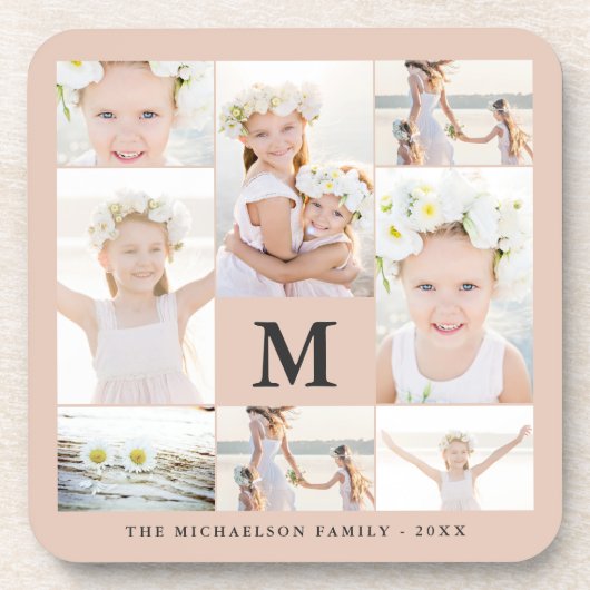 Klassieke fotocollage met monogram en naam bier onderzetter (Voorkant)