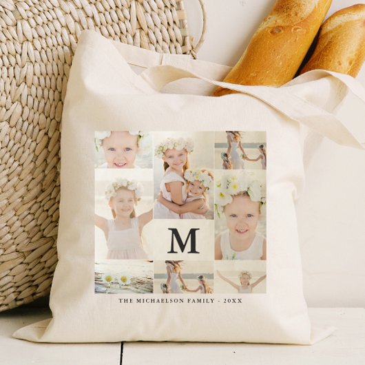 Klassieke fotocollage met monogram en naam tote bag