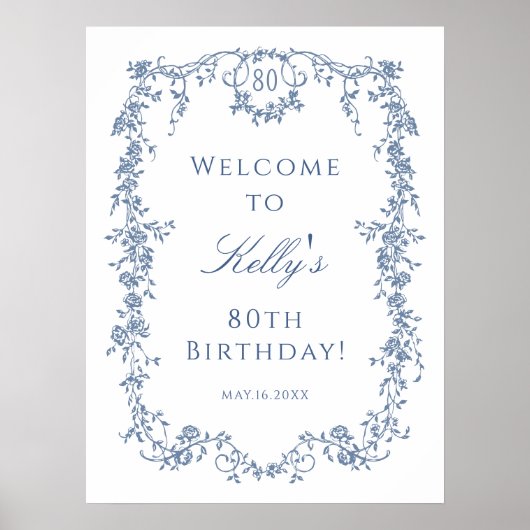 Klassieke Franse Blauwe 80e Verjaardagsfeest Welko Poster (Voorkant)