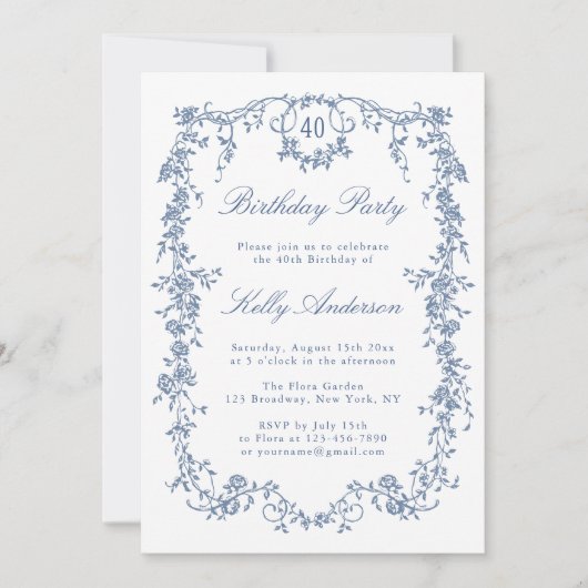 Klassieke Franse Blauwe Bloemen 40ste Verjaardagsf Kaart (Voorkant)