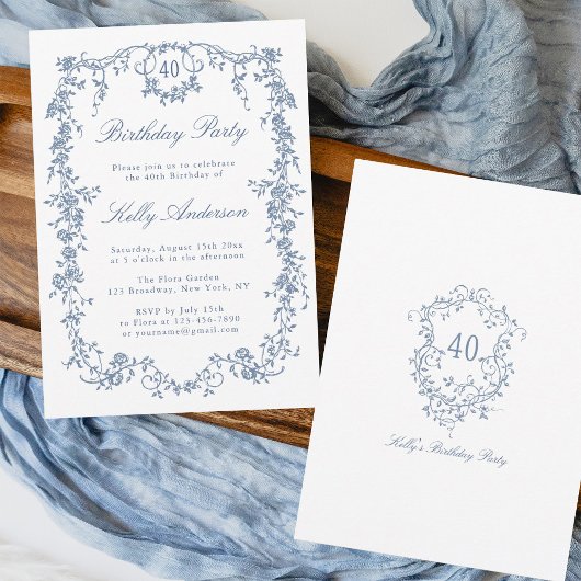 Klassieke Franse Blauwe Bloemen 40ste Verjaardagsf Kaart